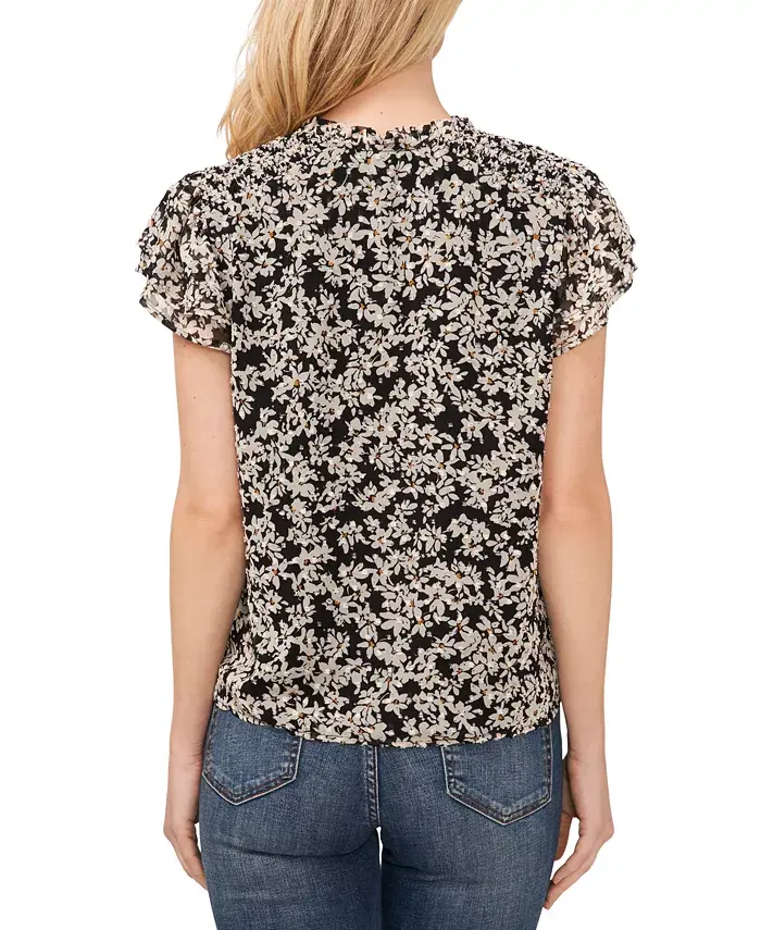 CeCe Women's Floral Clip-Dot Tie-Neck Flutter-Sleeve Top Women's Fashion Shoes & Accessories
