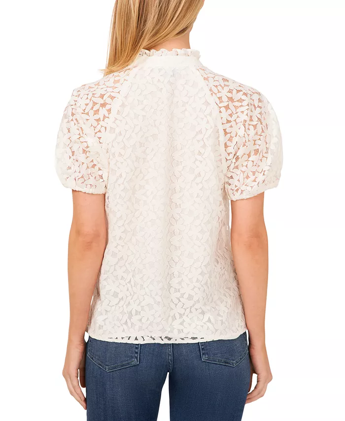 CeCe Women's Floral Lace Puff Sleeve Split Neck Top Women's Fashion Shoes & Accessories