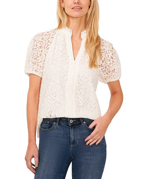 CeCe Women's Floral Lace Puff Sleeve Split Neck Top Women's Fashion Shoes & Accessories