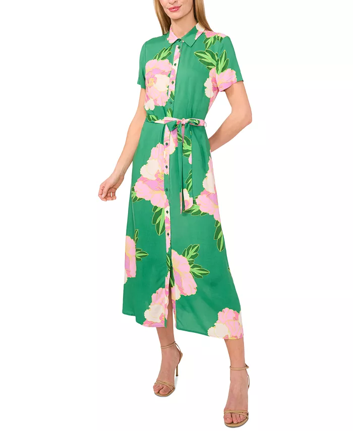 CeCe Women's Floral Print Button-Front Midi Shirtdress Women's Fashion Shoes & Accessories