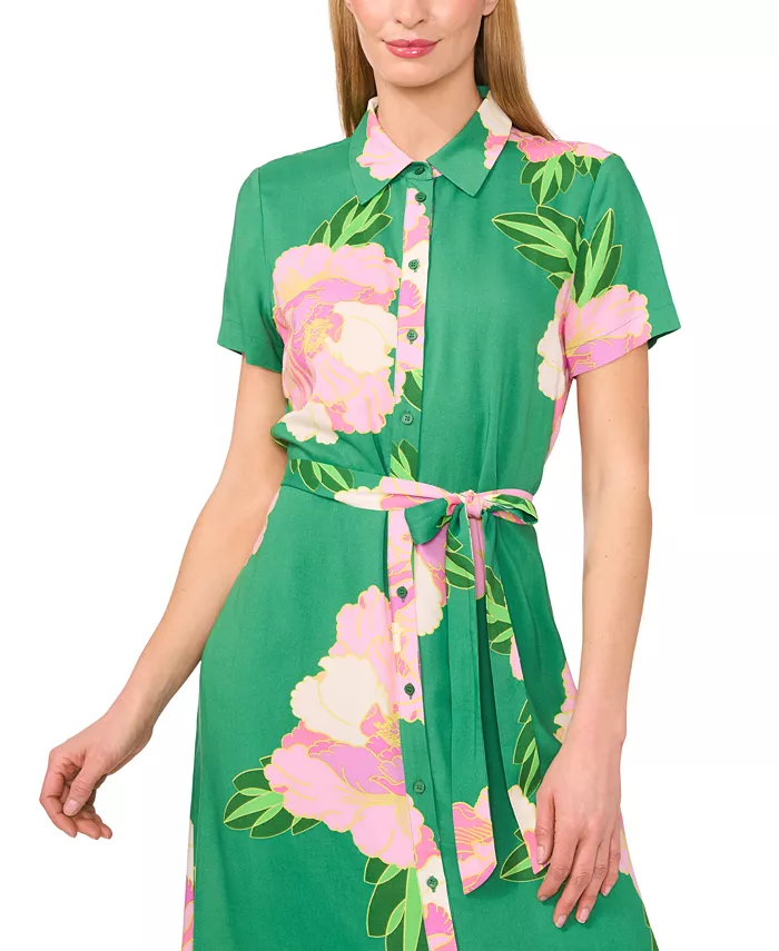 CeCe Women's Floral Print Button-Front Midi Shirtdress Women's Fashion Shoes & Accessories