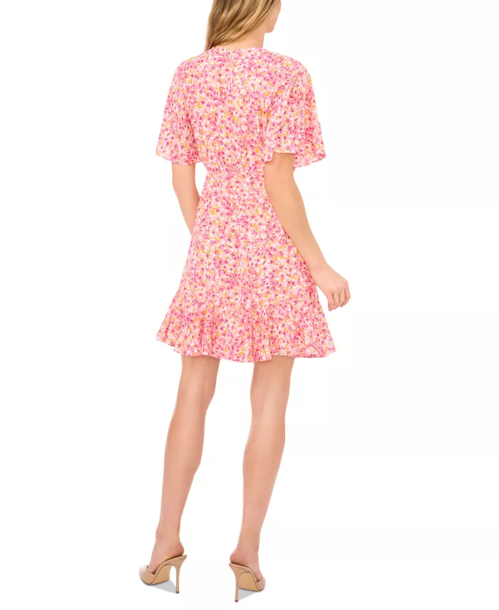 CeCe Women's Floral Print Tie Waist Fluted Hem Pleat Neck Skater Dress Women's Fashion Shoes & Accessories