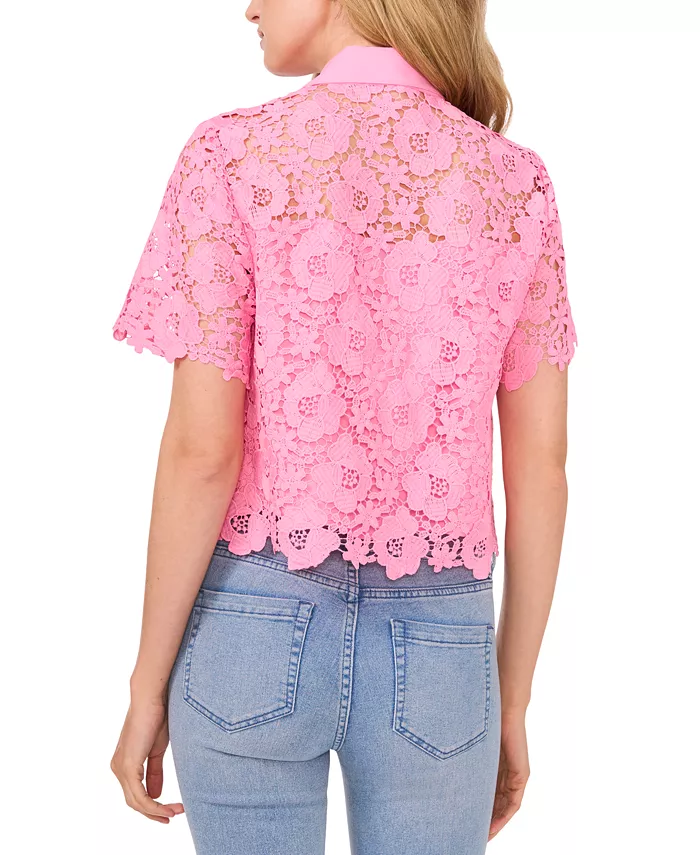 CeCe Women's Lace Short-Sleeve Button-Up Blouse Women's Fashion Shoes & Accessories