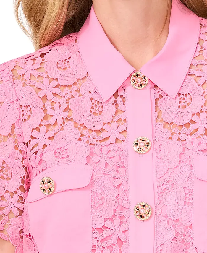 CeCe Women's Lace Short-Sleeve Button-Up Blouse Women's Fashion Shoes & Accessories