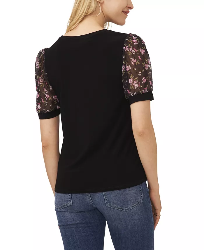 CeCe Women's Mixed Media Puff Sleeve Bouquet Knit Top Women's Fashion Shoes & Accessories