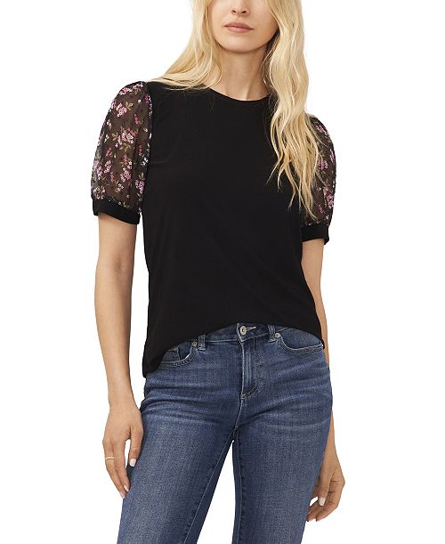 CeCe Women's Mixed Media Puff Sleeve Bouquet Knit Top Women's Fashion Shoes & Accessories