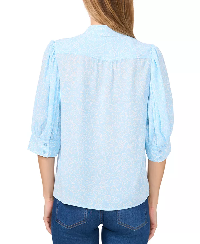 CeCe Women's Printed Open-Collar Elbow-Sleeve Top Women's Fashion Shoes & Accessories