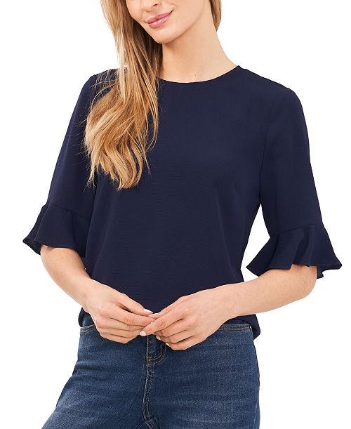 CeCe Women's Ruffled-Cuff 3/4-Sleeve Crew Neck Blouse Women's Fashion Shoes & Accessories