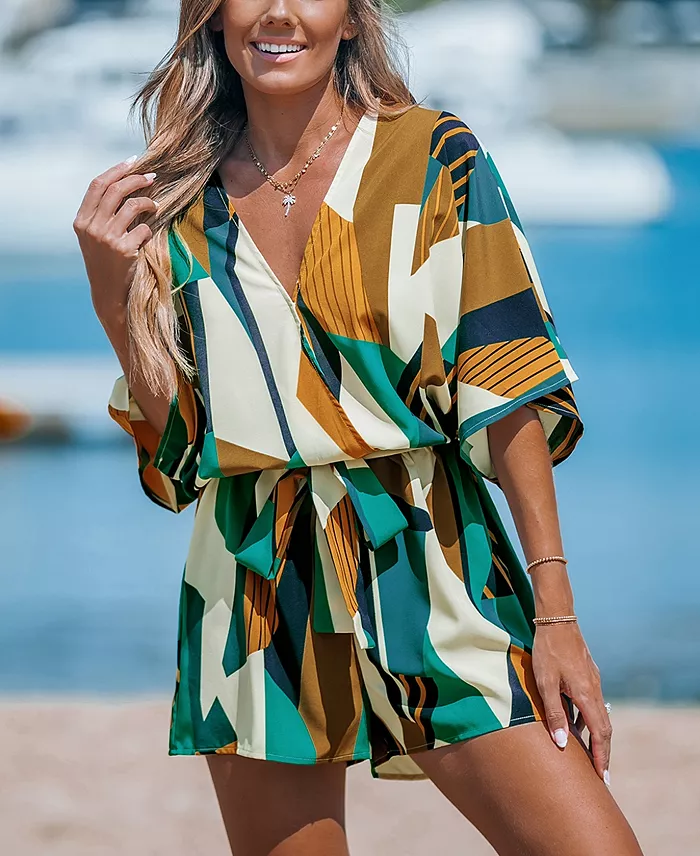 Cupshe Women's Abstract Geo Dolman Straight Leg Romper Women's Fashion Shoes & Accessories