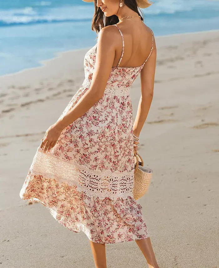 Cupshe Women's Blushing Bouquet Floral Midi Beach Dress Women's Fashion Shoes & Accessories