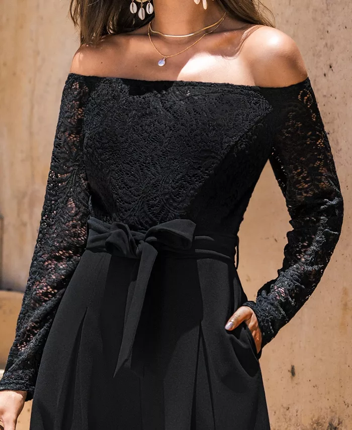 Cupshe Women's Elegant Lace Off-Shoulder Wide-Leg Jumpsuit Women's Fashion Shoes & Accessories