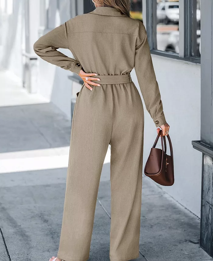 Cupshe Women's V Neck Button-Up Front Tie Waist Jumpsuit Created For Macy's Women's Fashion Shoes & Accessories