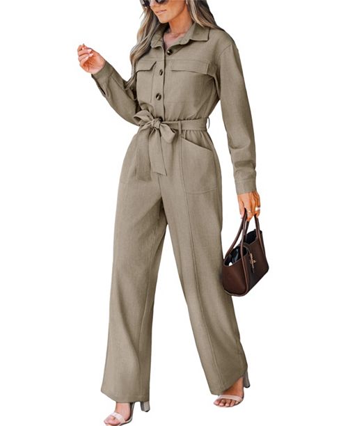 Cupshe Women's V Neck Button-Up Front Tie Waist Jumpsuit Created For Macy's Women's Fashion Shoes & Accessories