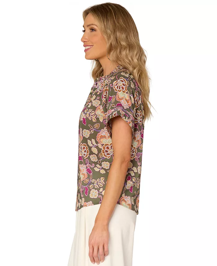 Democracy Petite Printed Pleated Blouse Women's Fashion Shoes & Accessories