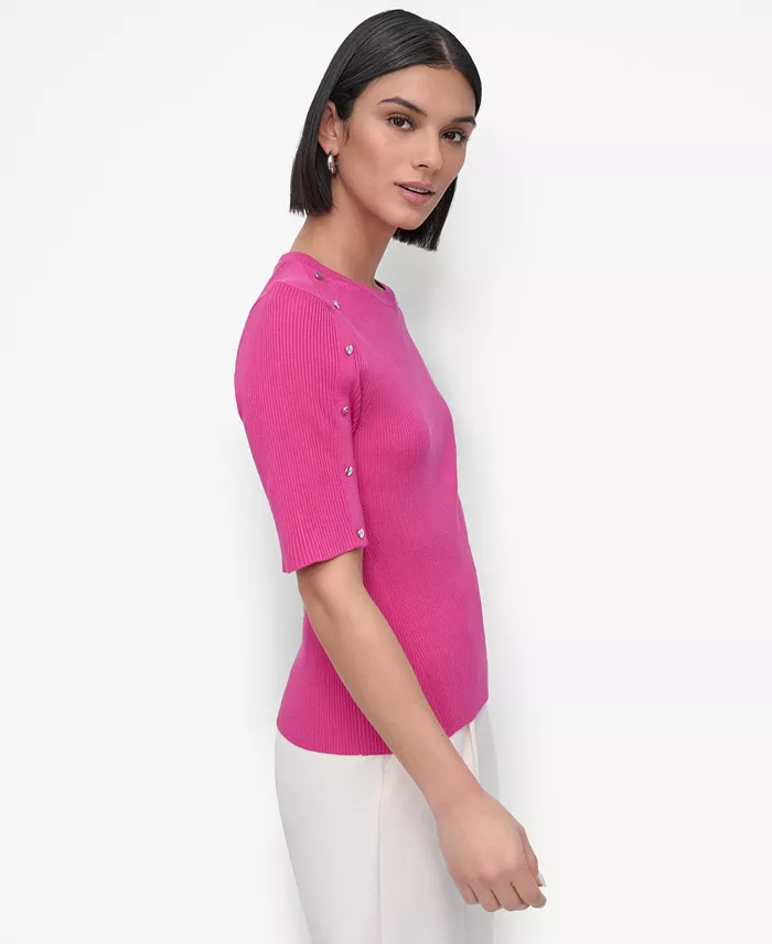 DKNY Women's Button-Shoulder Elbow-Sleeve Sweater Women's Fashion Shoes & Accessories