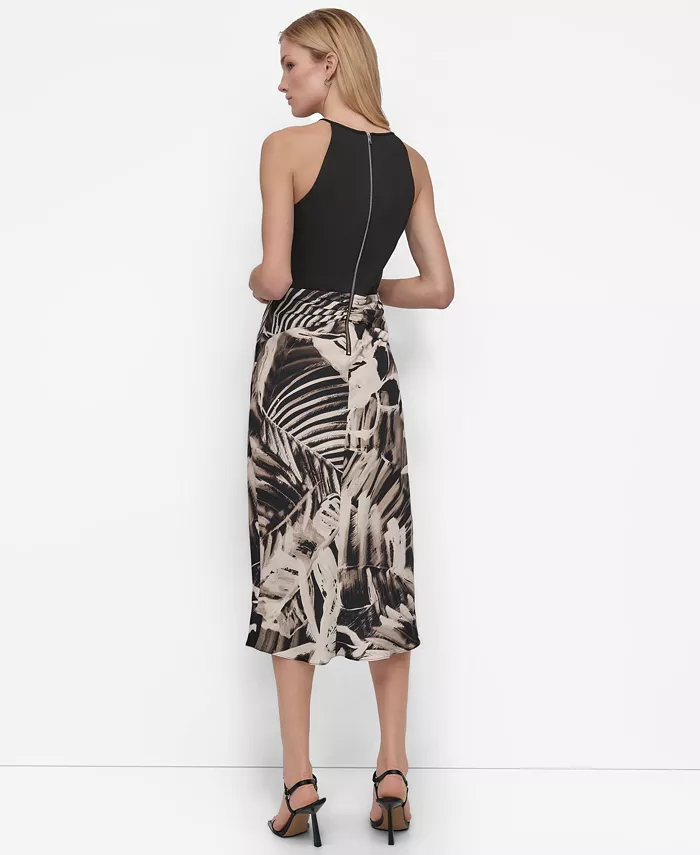 DKNY Women's Mixed-Media Tie-Front Midi Dress Women's Fashion Shoes & Accessories