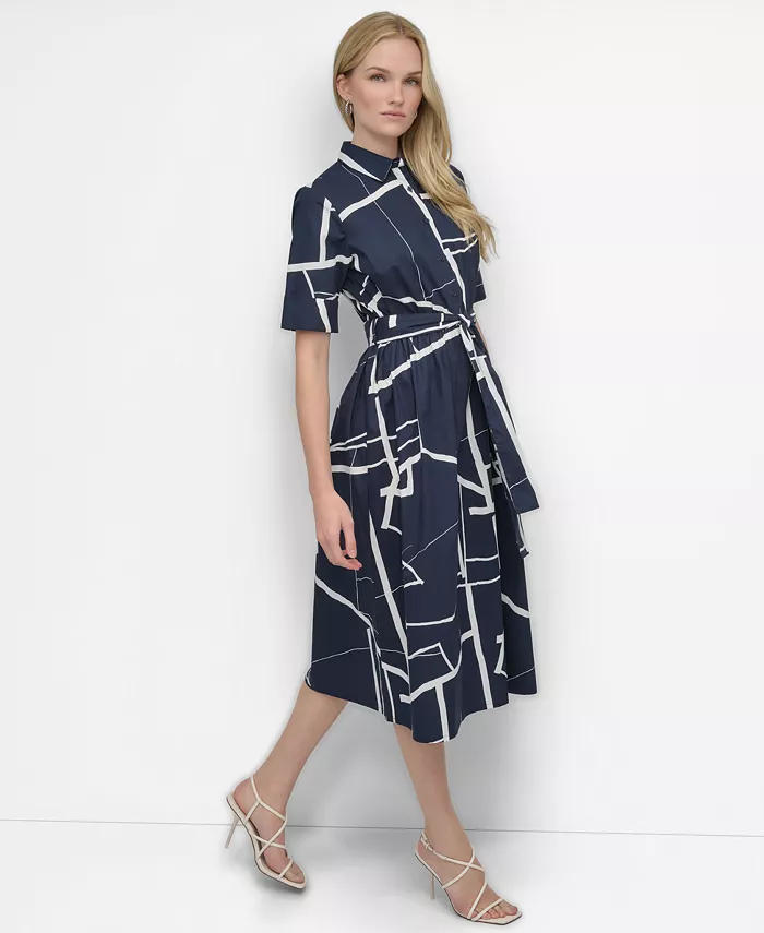 DKNY Women's Printed Cotton Shirt Dress Women's Fashion Shoes & Accessories