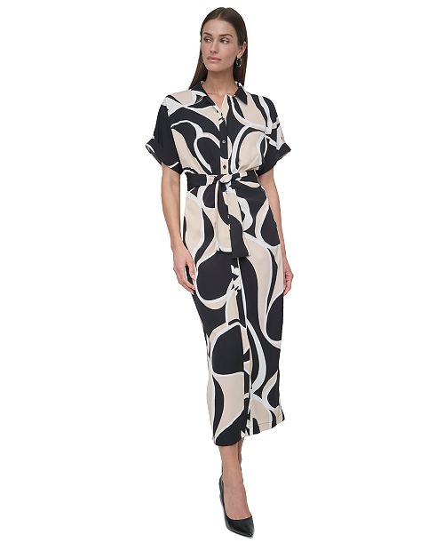 DKNY Women's Short-Sleeve Tie-Waist Button-Front Dress Women's Fashion Shoes & Accessories