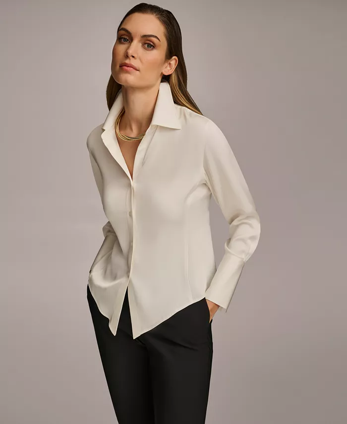 Donna Karan New York Women's Button Front Point Hem Top Regular & Petite Sizes Women's Fashion Shoes & Accessories