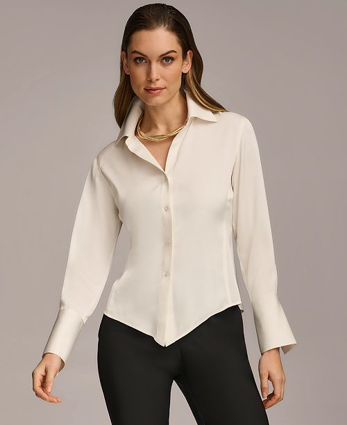Donna Karan New York Women's Button Front Point Hem Top Regular & Petite Sizes Women's Fashion Shoes & Accessories