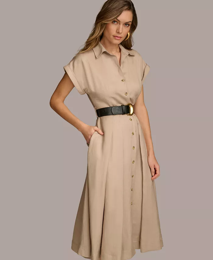 Donna Karan New York Women's Button-Front Short-Sleeve Midi Belted Dress Women's Fashion Shoes & Accessories