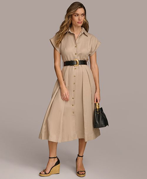 Donna Karan New York Women's Button-Front Short-Sleeve Midi Belted Dress Women's Fashion Shoes & Accessories