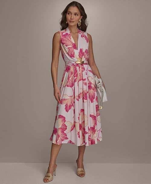Donna Karan New York Women's Floral A-Line Midi Dress Women's Fashion Shoes & Accessories