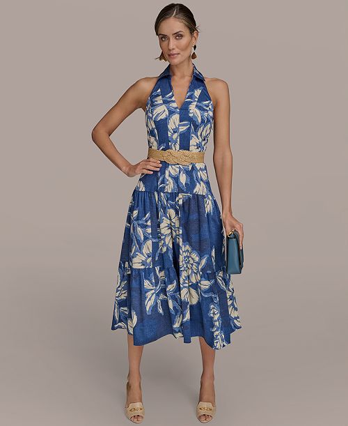 Donna Karan New York Women's Halter Belted Midi Dress Women's Fashion Shoes & Accessories