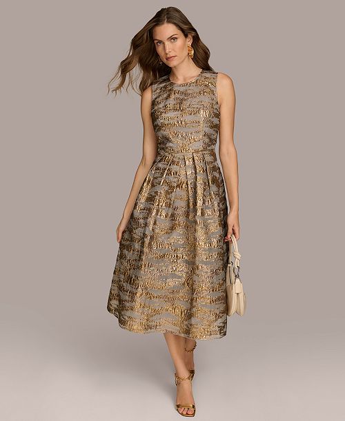 Donna Karan New York Women's Jewel-Neck Metallic Midi Dress Women's Fashion Shoes & Accessories