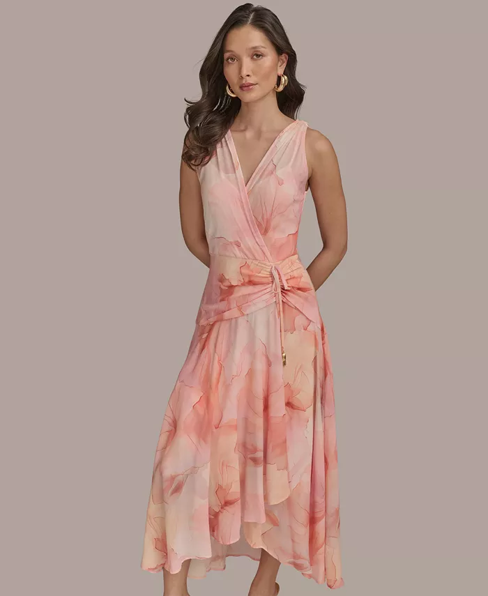 Donna Karan New York Women's Printed Ruched A-Line Dress Women's Fashion Shoes & Accessories