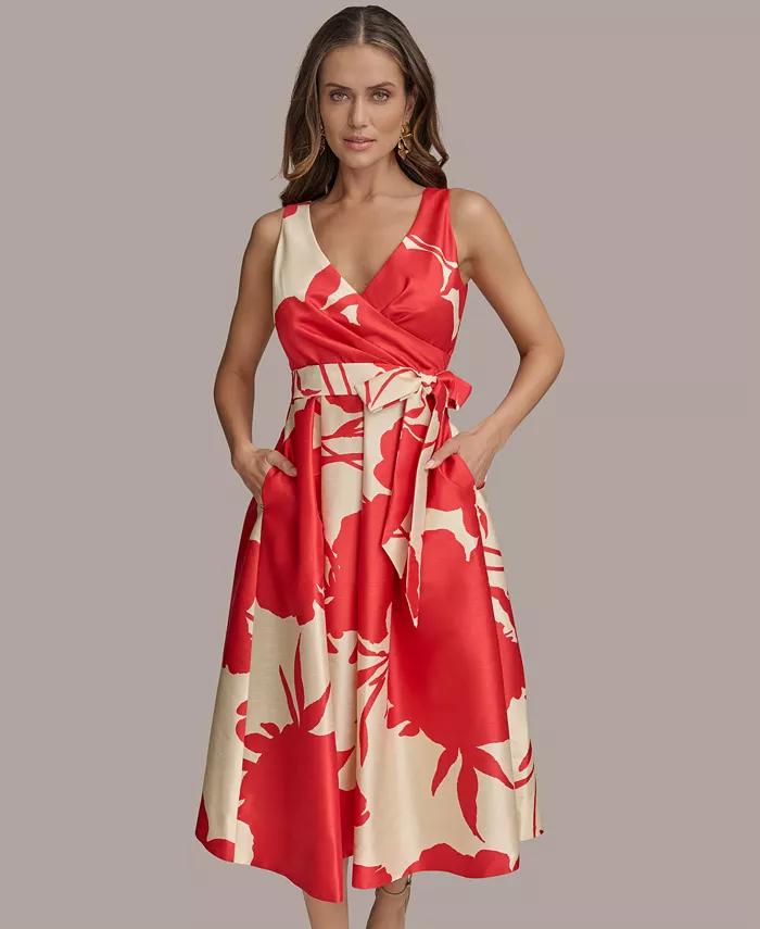Donna Karan New York Women's Printed Tie-waist V-neck A-line Dress Women's Fashion Shoes & Accessories