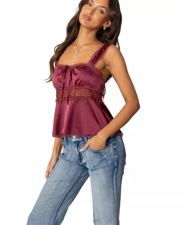 Edikted Women's Loryn Lacey Satin Effect Top Women's Fashion Shoes & Accessories