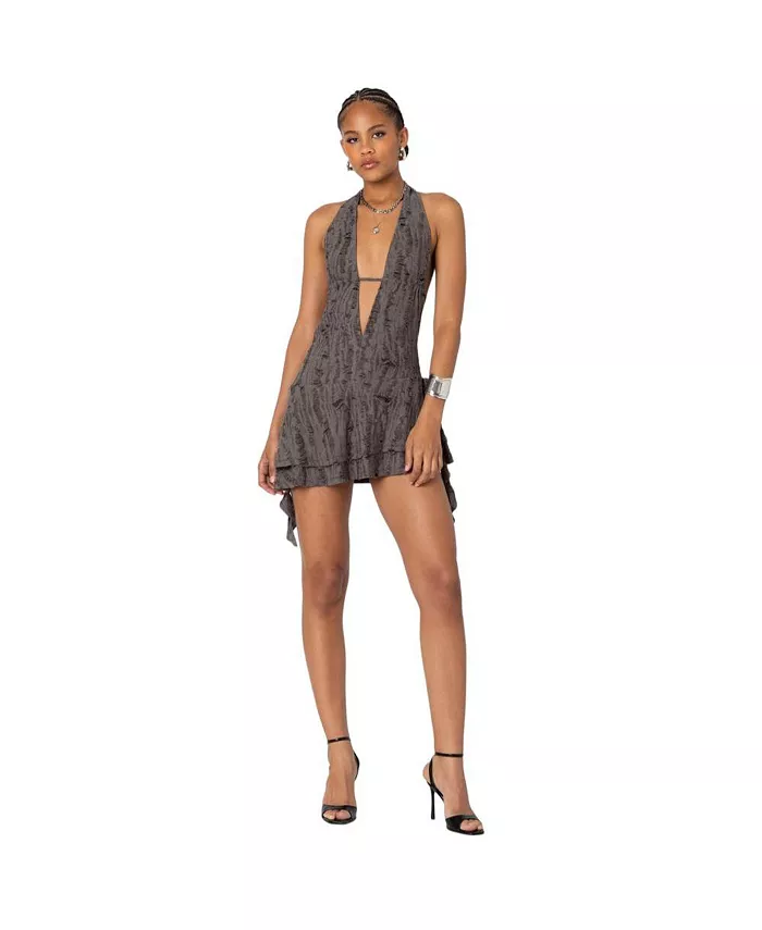 Edikted Women's Shredded Backless Halter Mini Dress Women's Fashion Shoes & Accessories