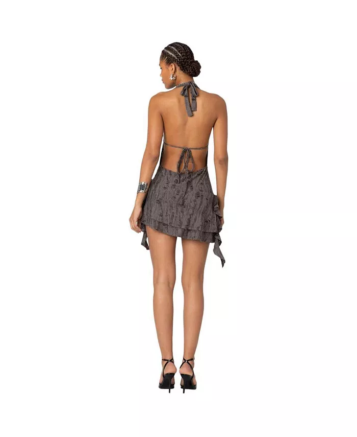 Edikted Women's Shredded Backless Halter Mini Dress Women's Fashion Shoes & Accessories