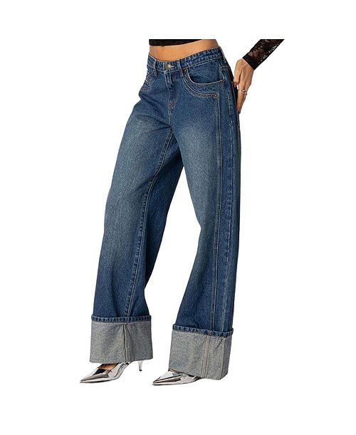 Edikted Women's Vesper Cuffed Low Rise Jeans Women's Fashion Shoes & Accessories