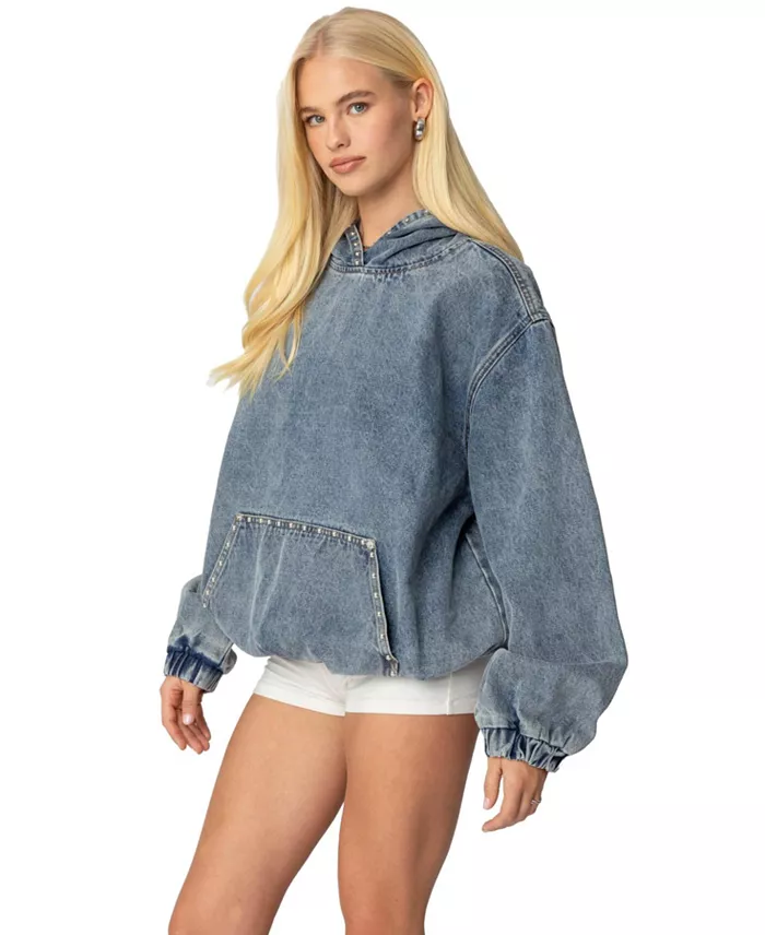 Edikted Womens Marney Oversized Studded Denim Hoodie Women's Fashion Shoes & Accessories