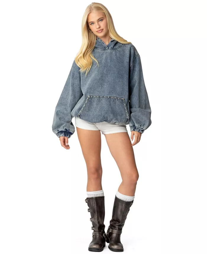 Edikted Womens Marney Oversized Studded Denim Hoodie Women's Fashion Shoes & Accessories