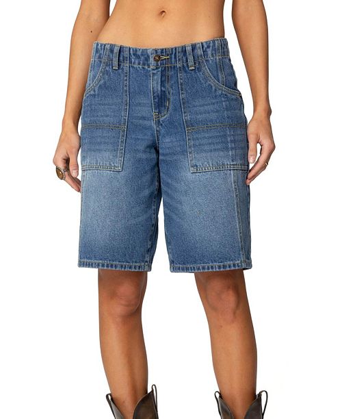 Edikted Womens Tris Low Rise Denim Bermuda Shorts Women's Fashion Shoes & Accessories