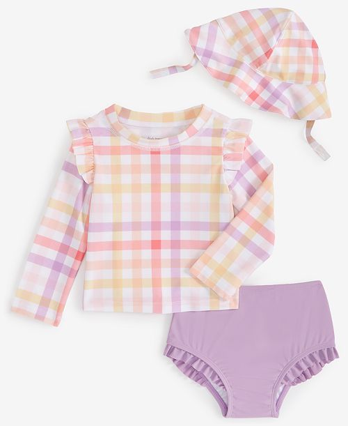 First Impressions Baby Girls Plaid Hat Swim Top & Bottoms Exclusively at Macy's Kids