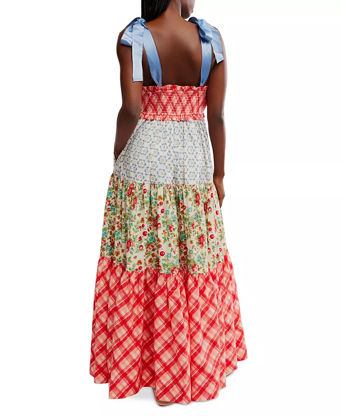 Free People Women's Bluebell Cotton Mixed-Print Tiered Maxi Dress Women's Fashion Shoes & Accessories