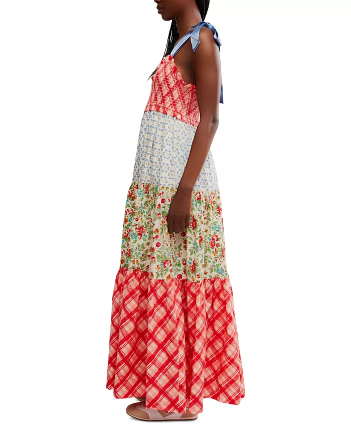 Free People Women's Bluebell Cotton Mixed-Print Tiered Maxi Dress Women's Fashion Shoes & Accessories