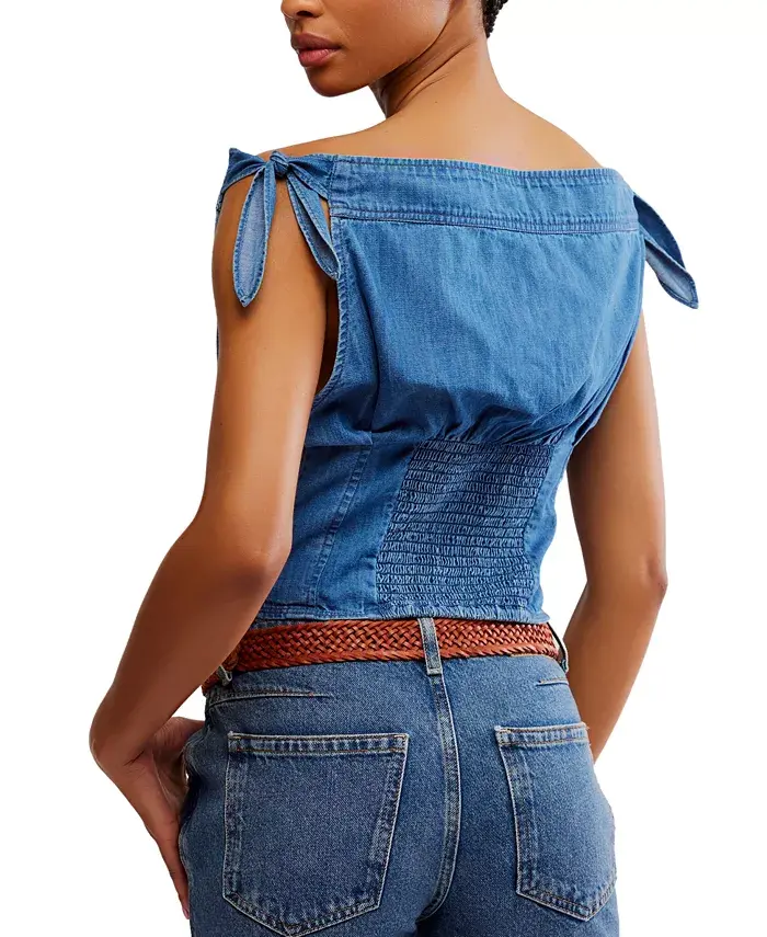Free People Women's Louie Cotton Denim Tie-Shoulder Top Women's Fashion Shoes & Accessories