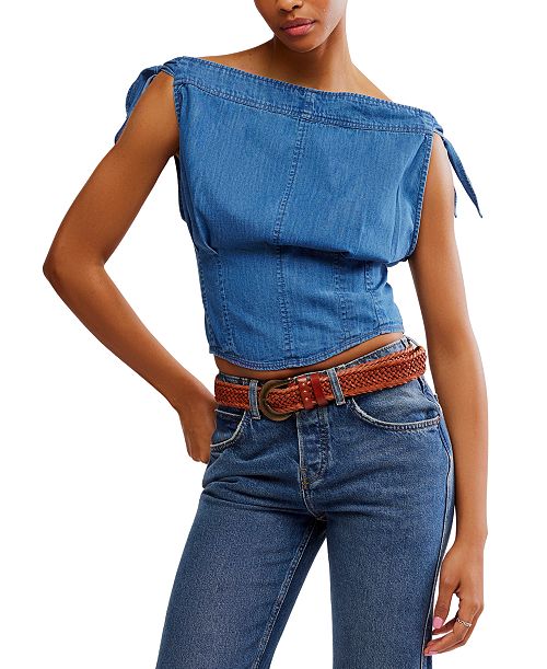 Free People Women's Louie Cotton Denim Tie-Shoulder Top Women's Fashion Shoes & Accessories