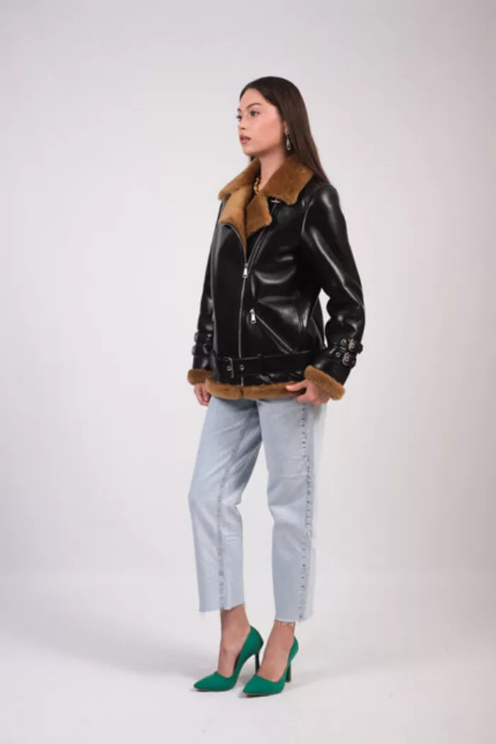 Furniq UK Women's Leather Sheepskin Jacket Brown Created For Macy's Women's Fashion Shoes & Accessories