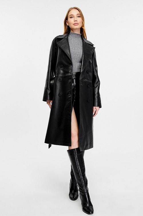 Furniq UK Women's Leather Trench Coat Black Women's Fashion Shoes & Accessories