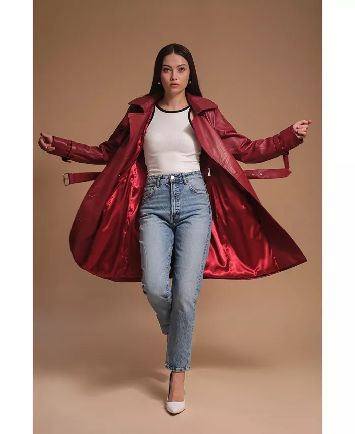 Furniq UK Women's Leather Trench Coat Burgundy Created For Macy's Women's Fashion Shoes & Accessories