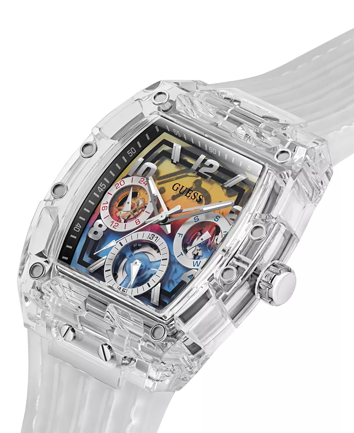 GUESS Men's Clear Silicone Multi-Function Watch 44mm Jewelry & Watches