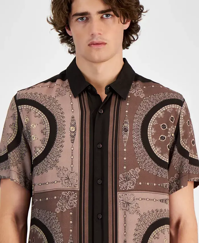 GUESS Men's Short Sleeve Button Front Medallion Print Shirt Men's Fashion & Accessories