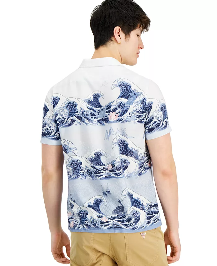 GUESS Men's Wave-Print Short-Sleeve Button-Down Shirt Men's Fashion & Accessories