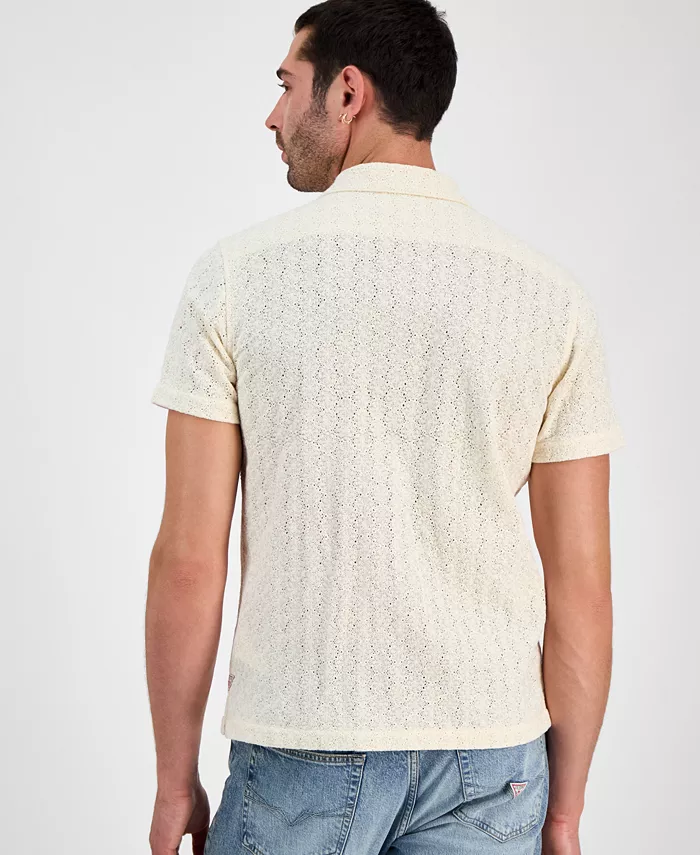 GUESS Men's Wesley Short Sleeve Crochet Camp Shirt Men's Fashion & Accessories